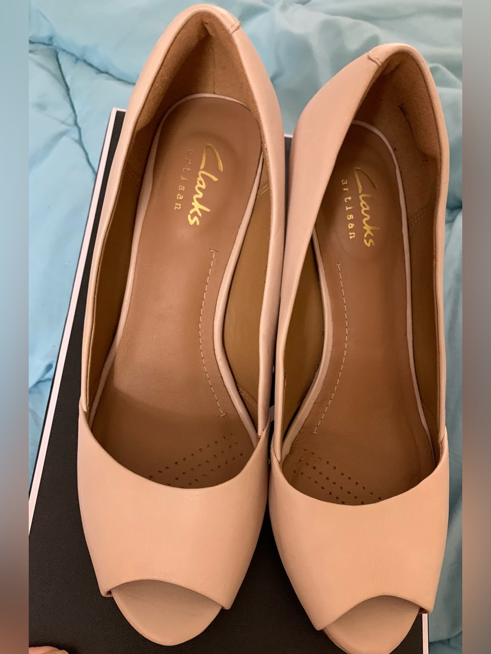 Clarks tan peep-toe pumps